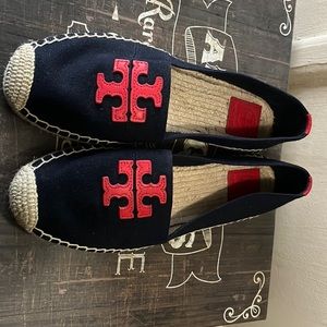Tory Burch Navy Blue/Red Canvas and Leather Weston Flat Espadrilles size 9.5